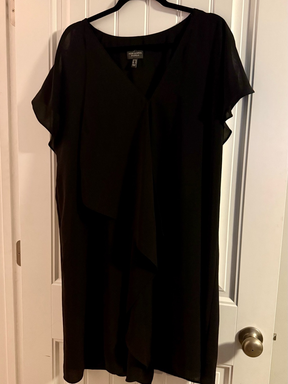 Adrianna Papell Black V-Neck Midi Dress with Flutter Overlay